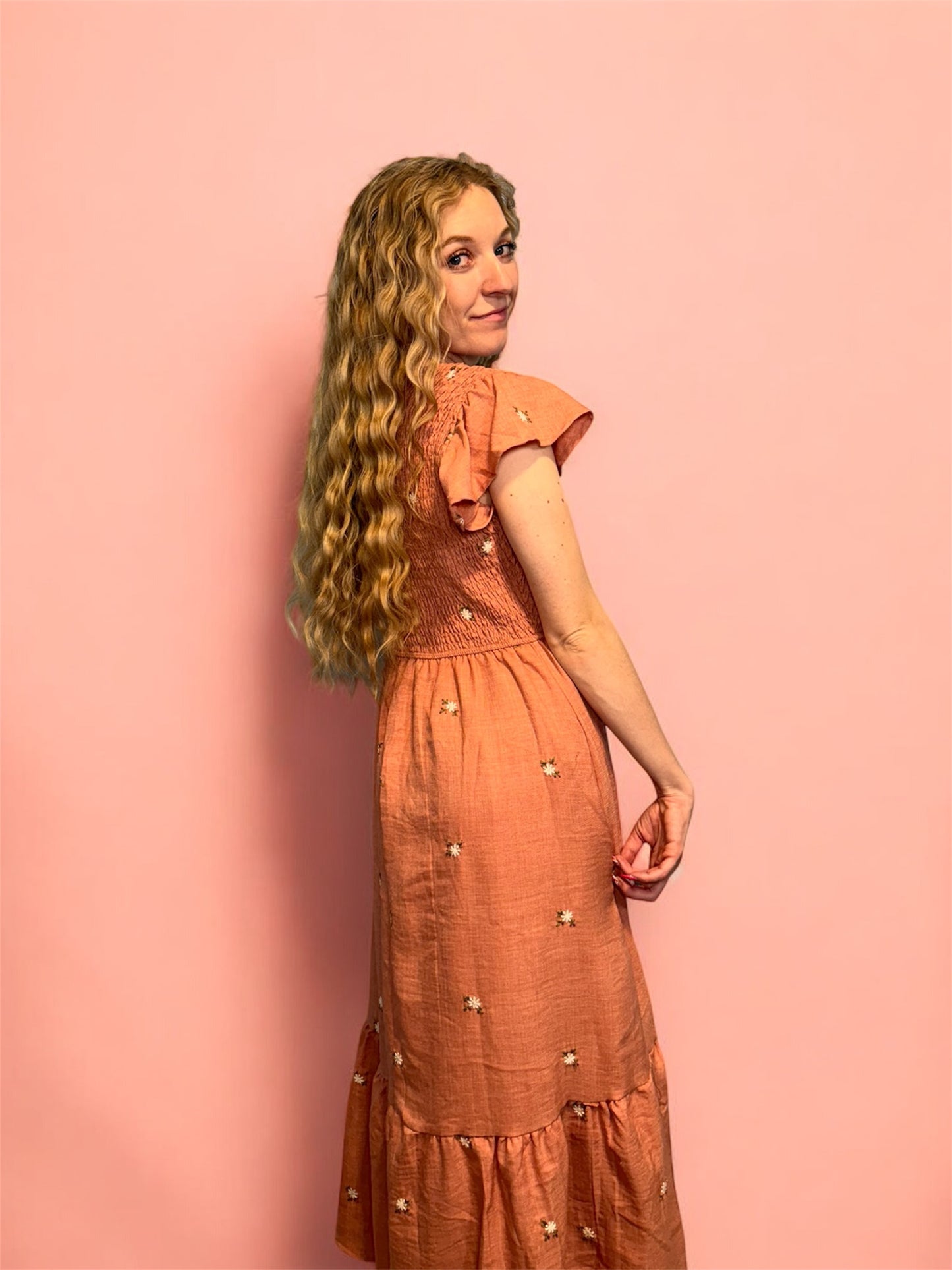 Pink Embroidered Flower Dress