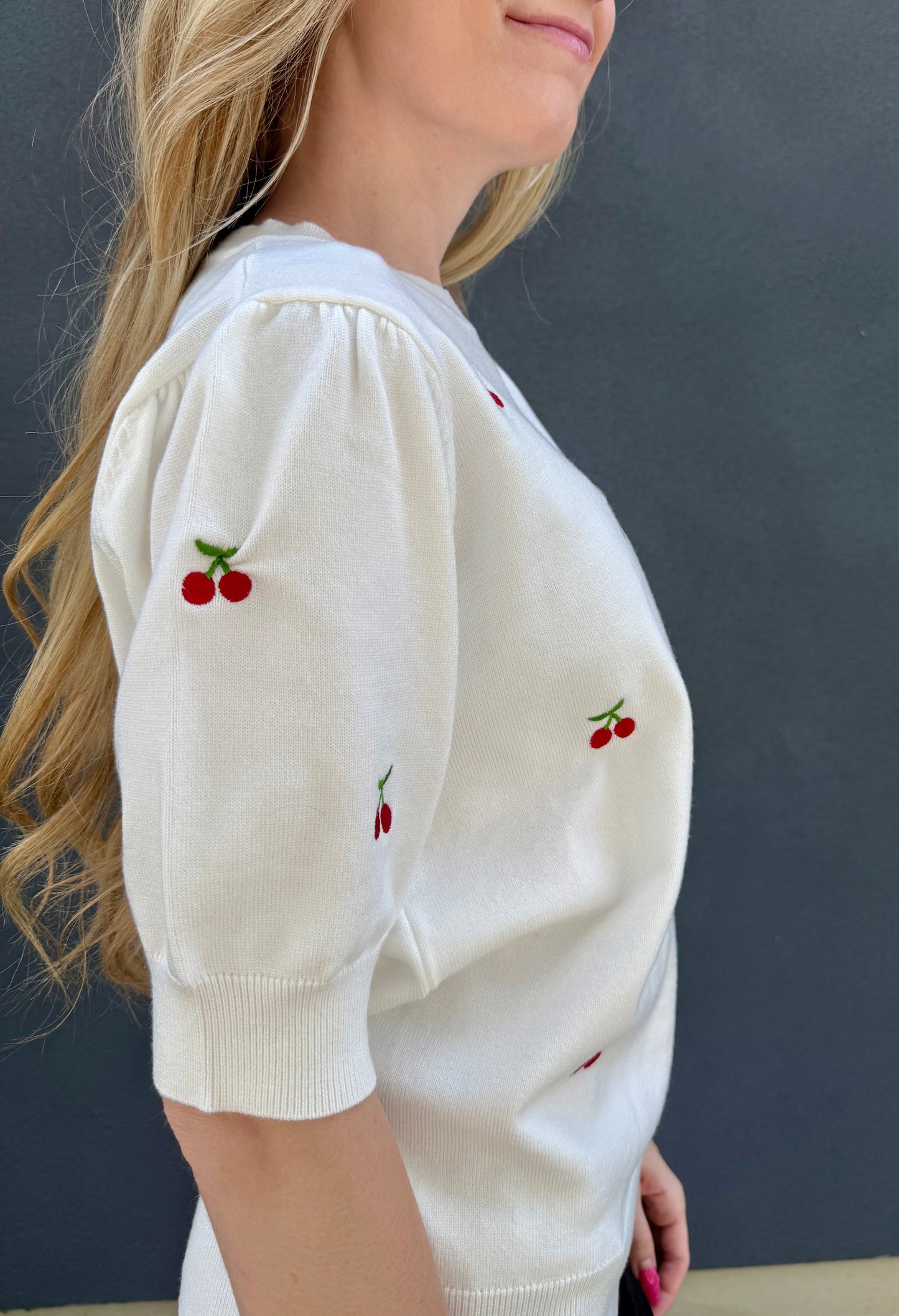 Cherry Embroidered Crew Neck Knitted Sweater
