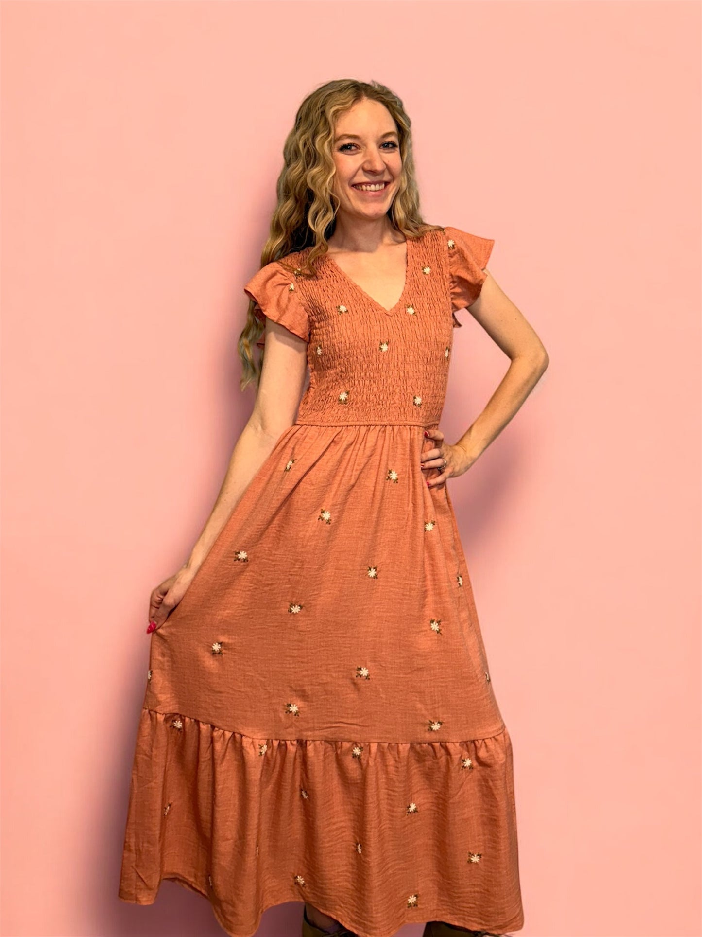 Pink Embroidered Flower Dress