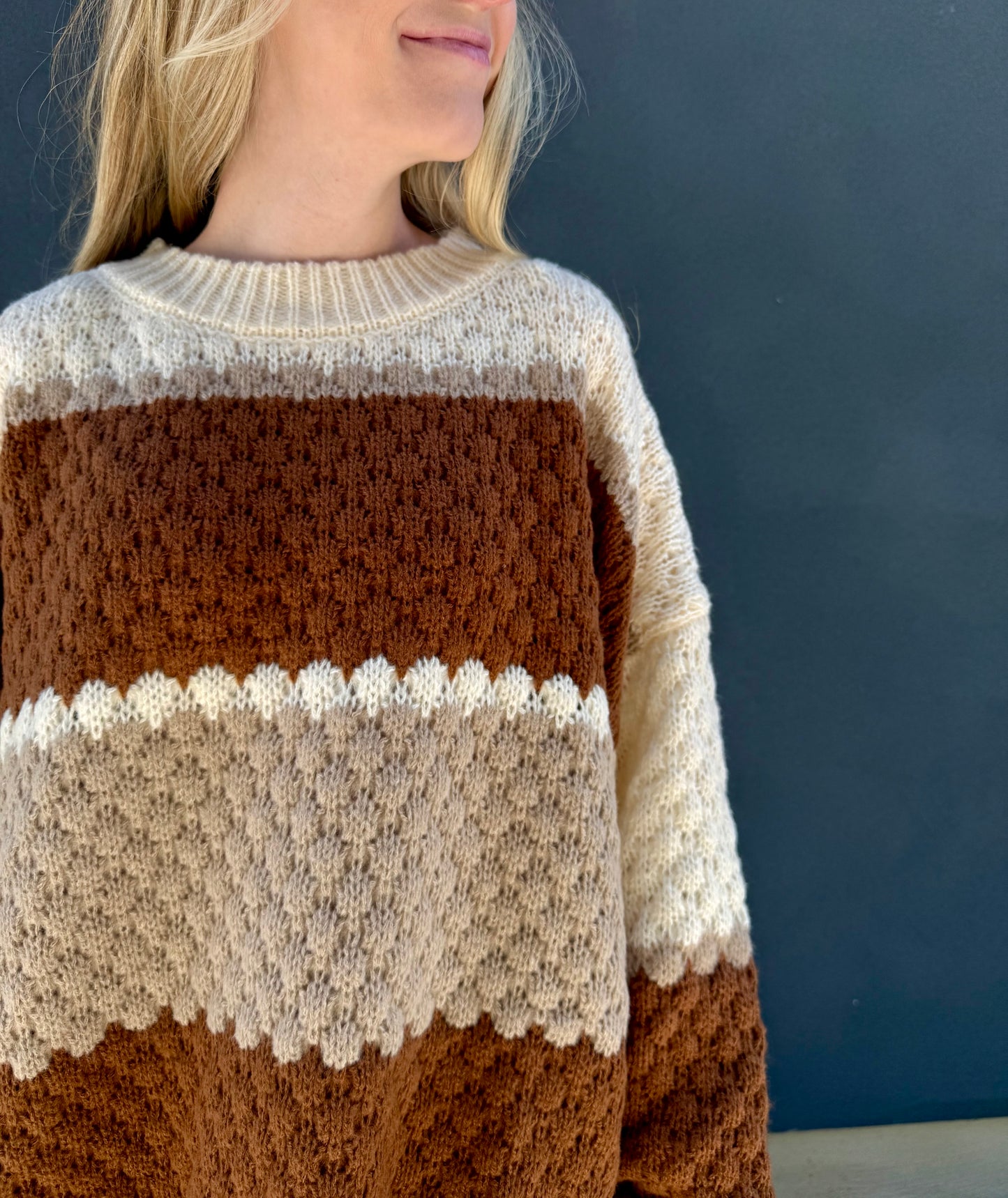 Neutral Color Block Striped Cable Knit Sweater