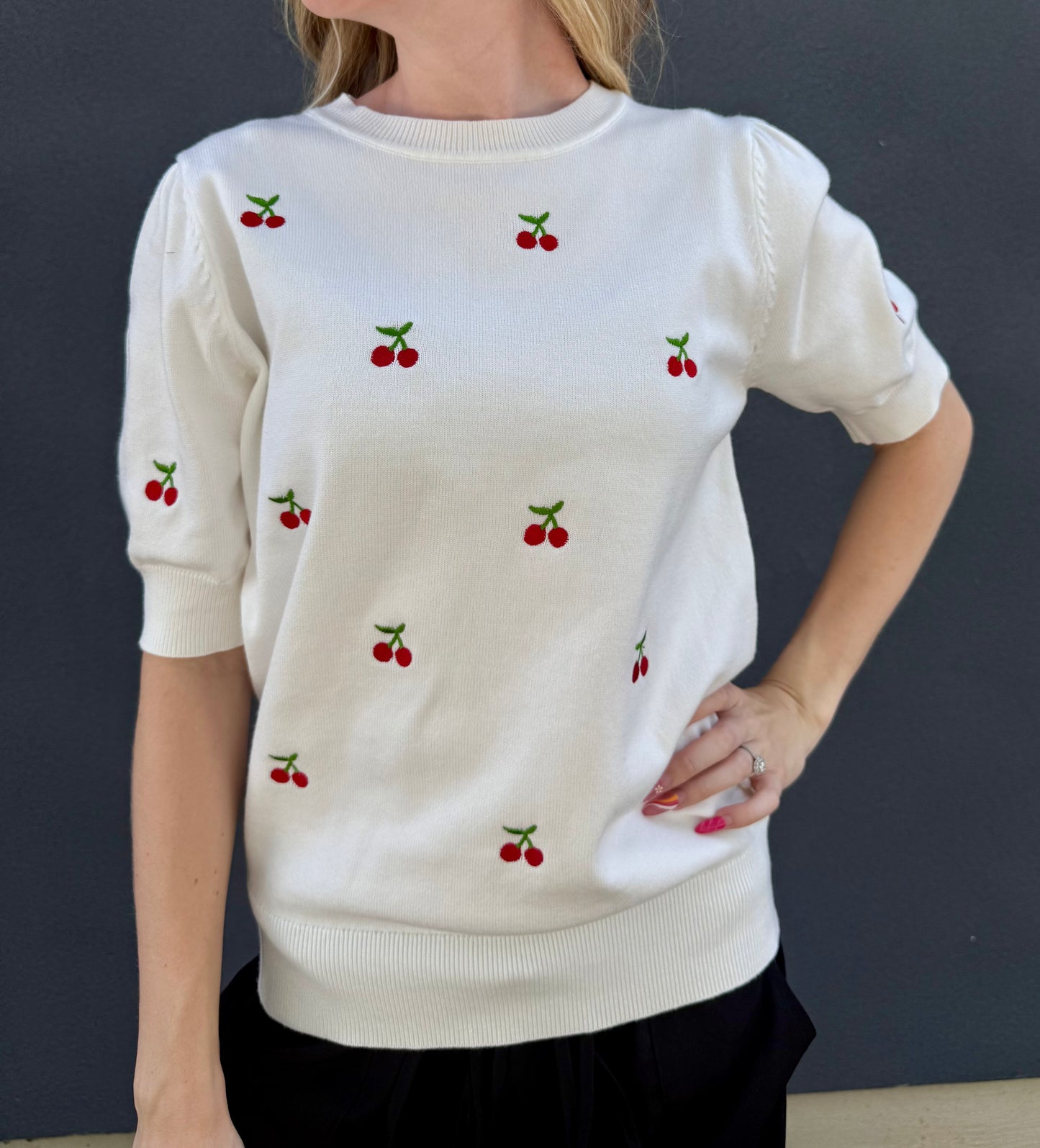 Cherry Embroidered Crew Neck Knitted Sweater