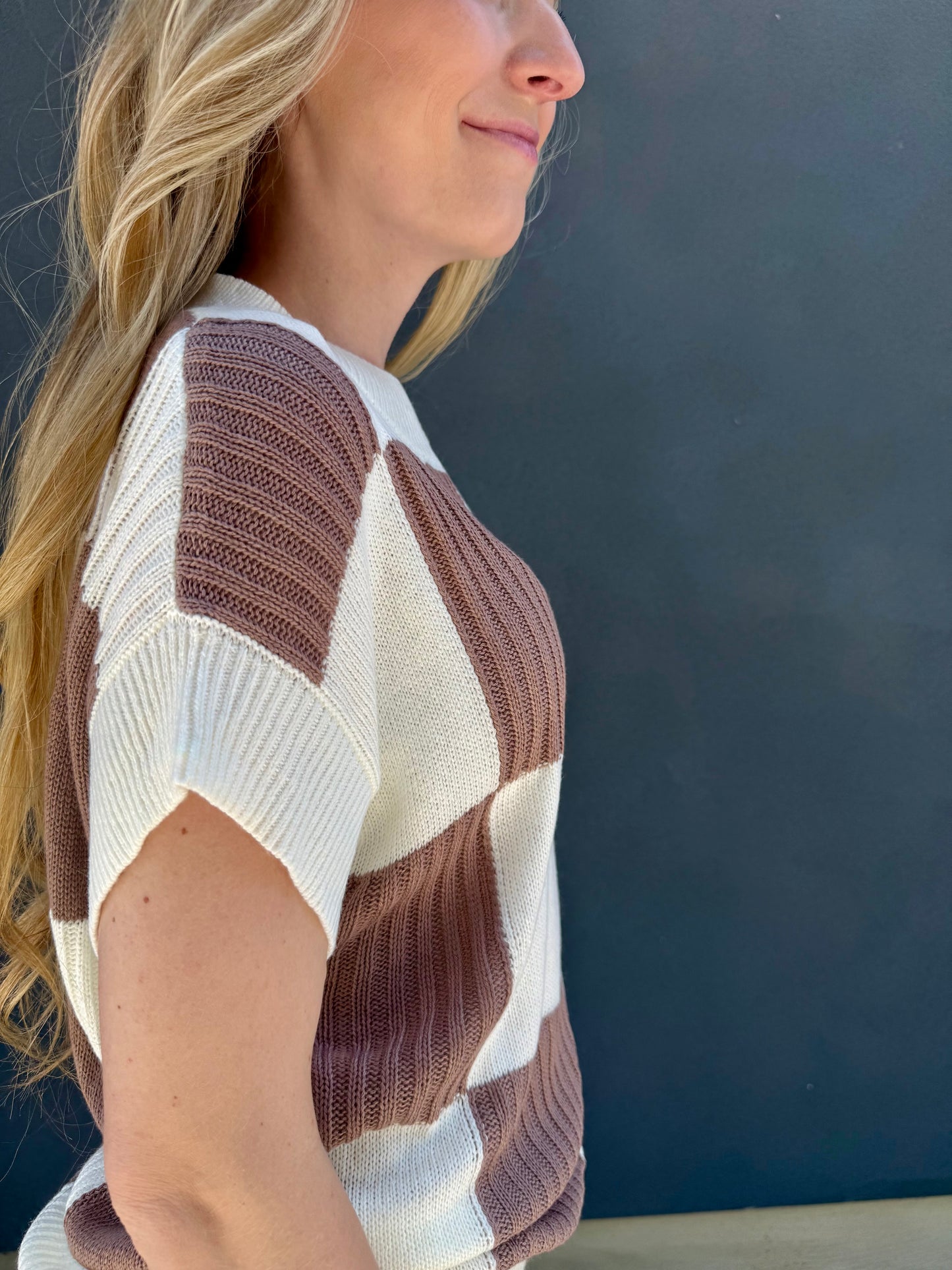 Checkered Colorblock Short Sleeve Sweater