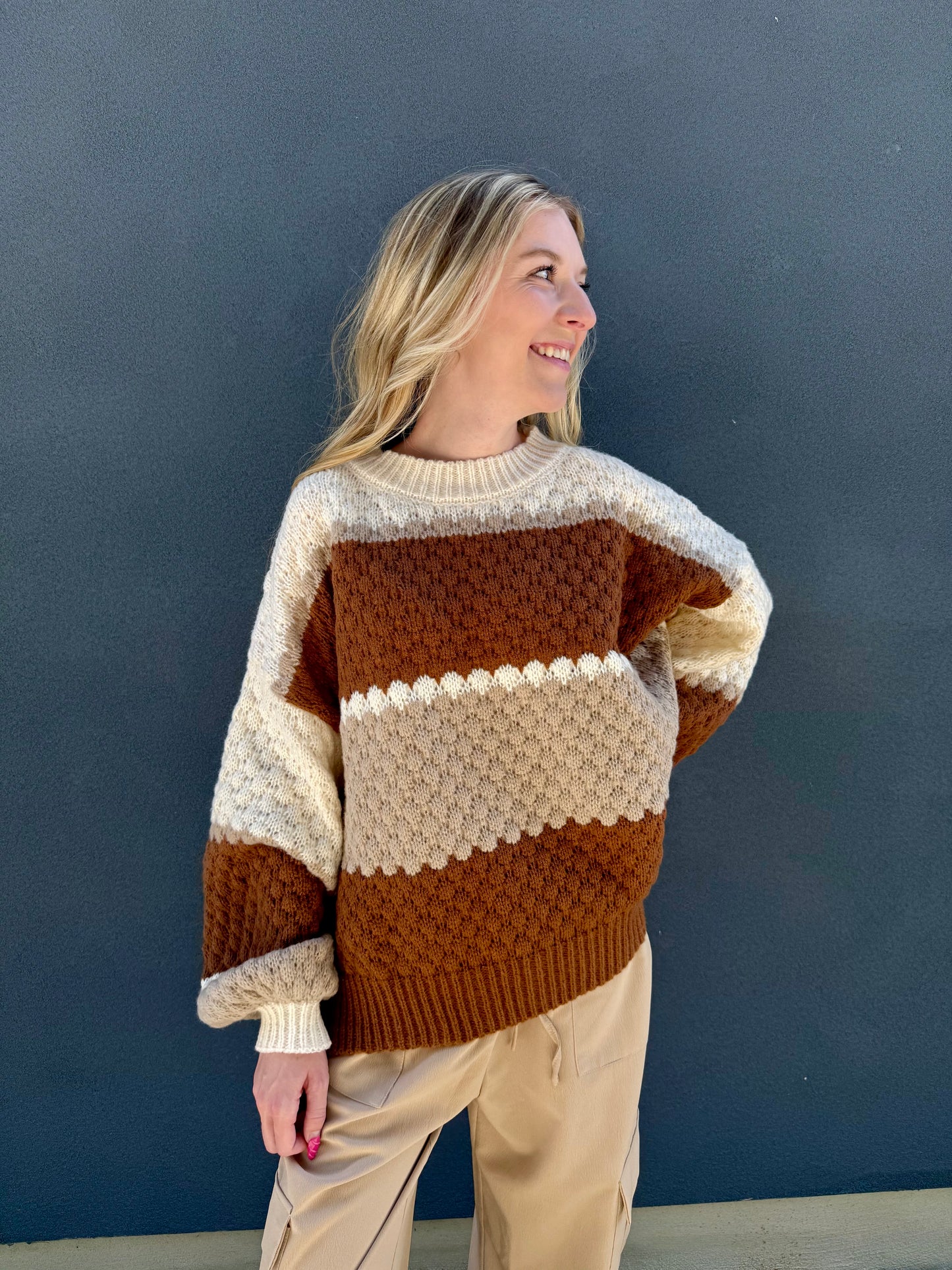 Neutral Color Block Striped Cable Knit Sweater
