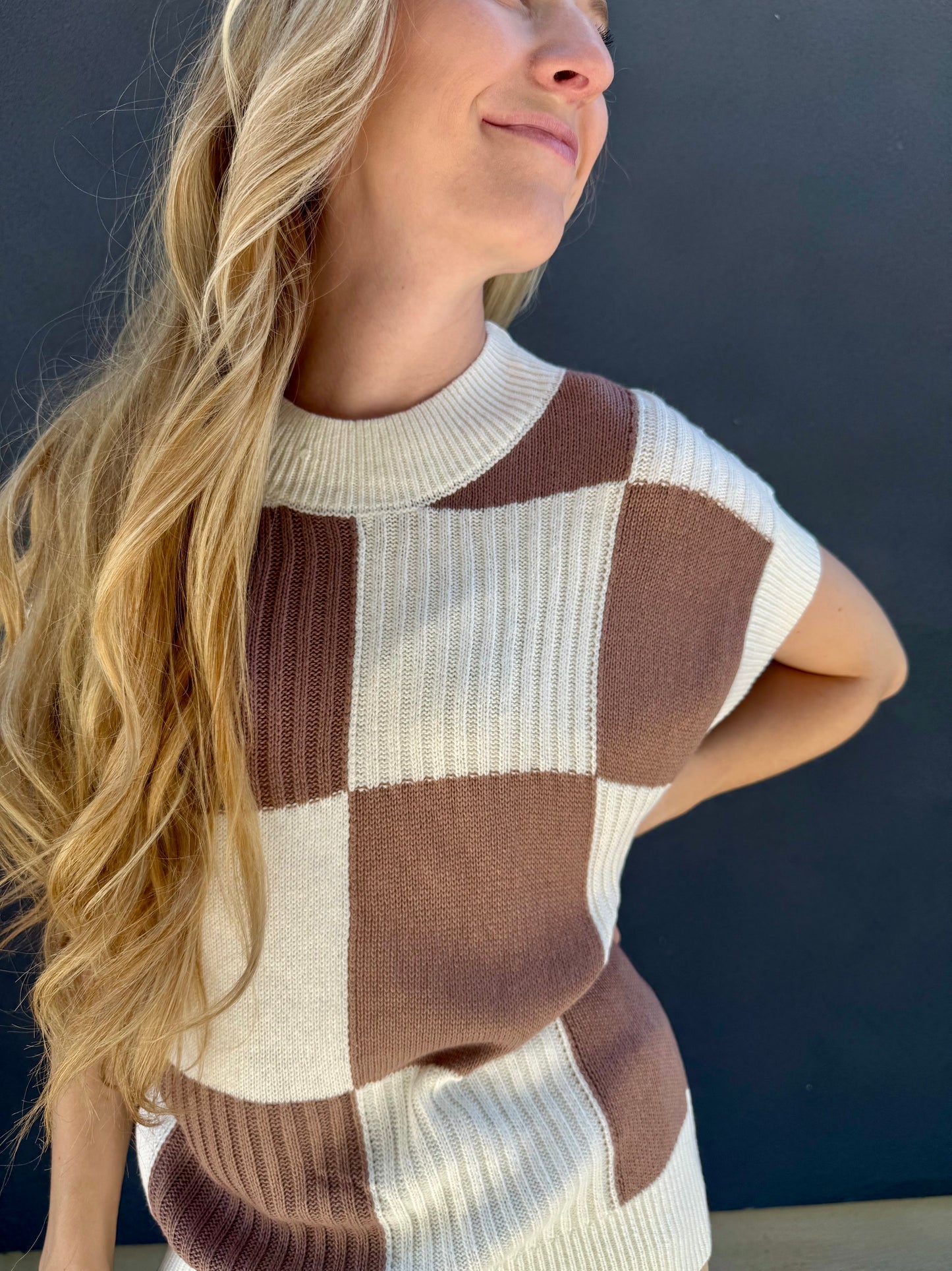 Checkered Colorblock Short Sleeve Sweater