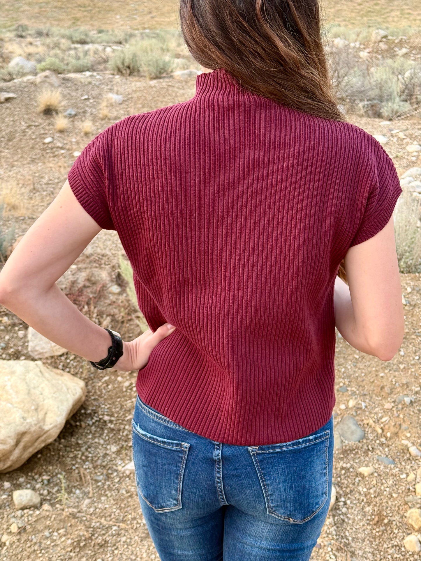 Patched Pocket Ribbed Short Sleeve Sweater