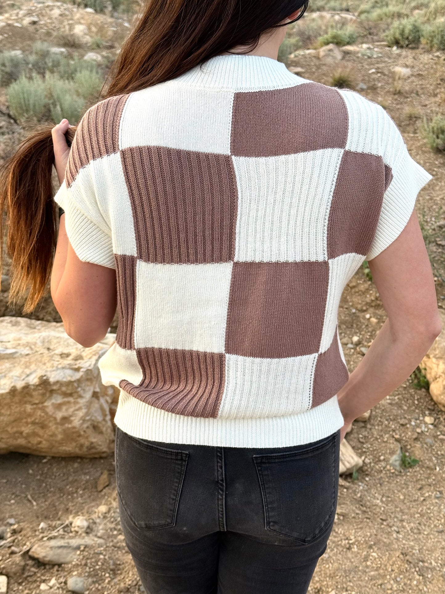Checkered Colorblock Short Sleeve Sweater