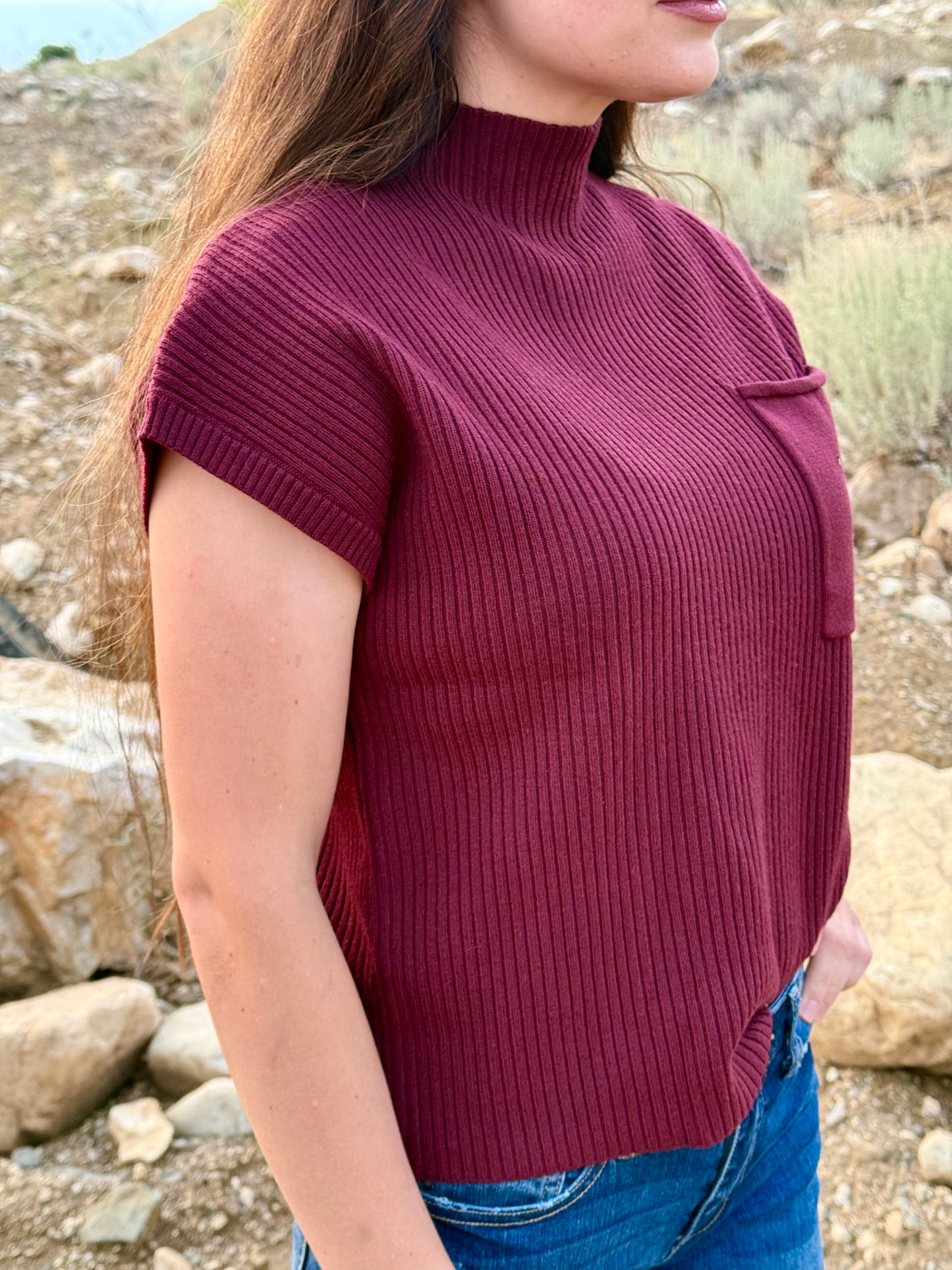 Patched Pocket Ribbed Short Sleeve Sweater