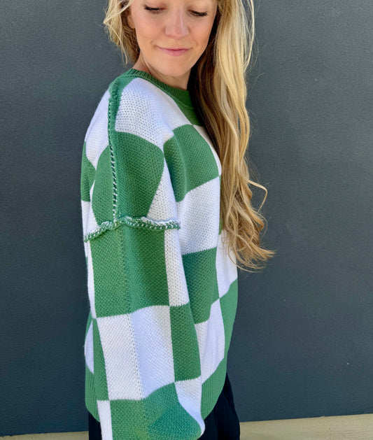 Checkered Green and White Sweater
