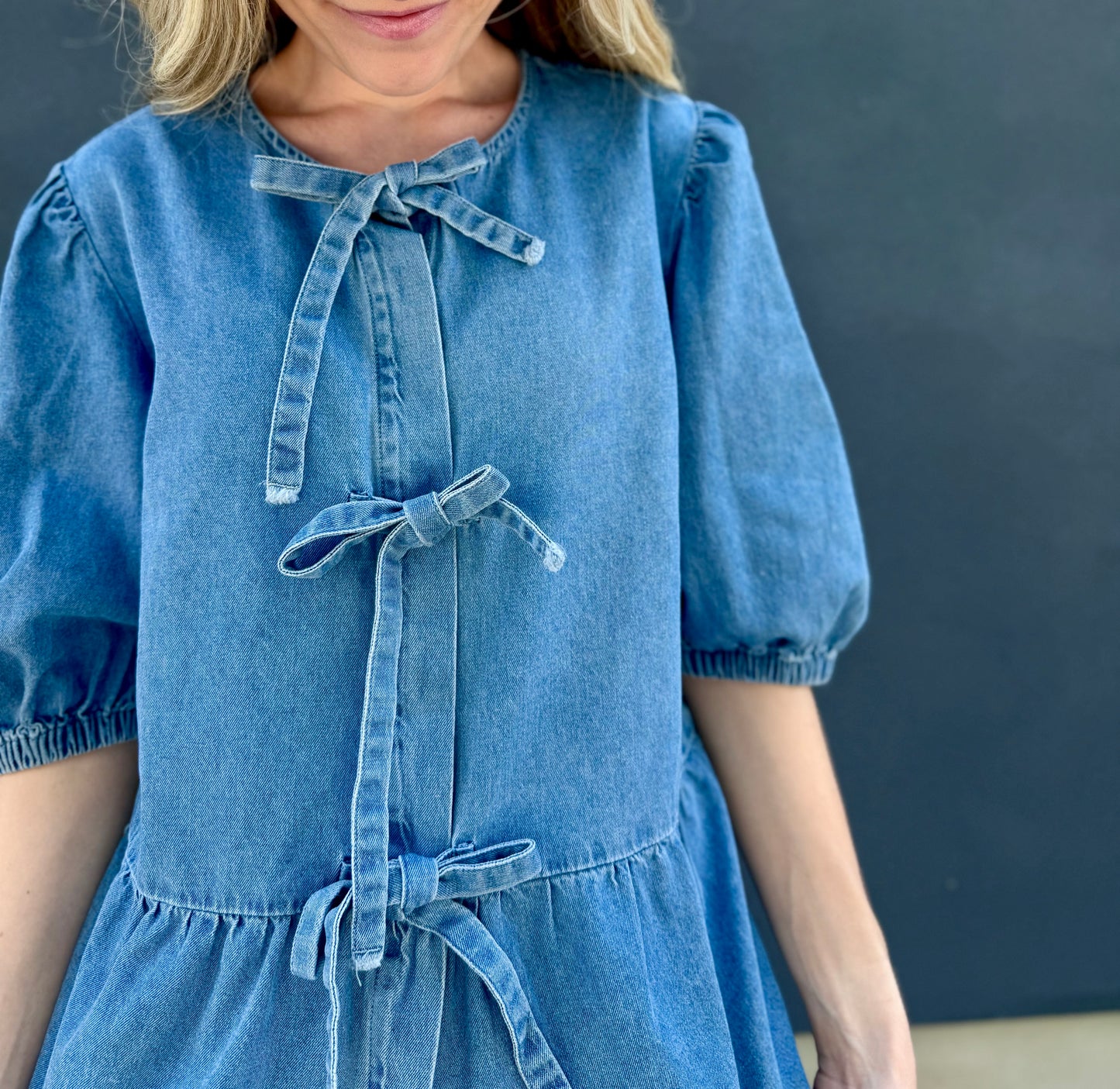 Tied Front Bubble Sleeve Peplum Denim Shirt