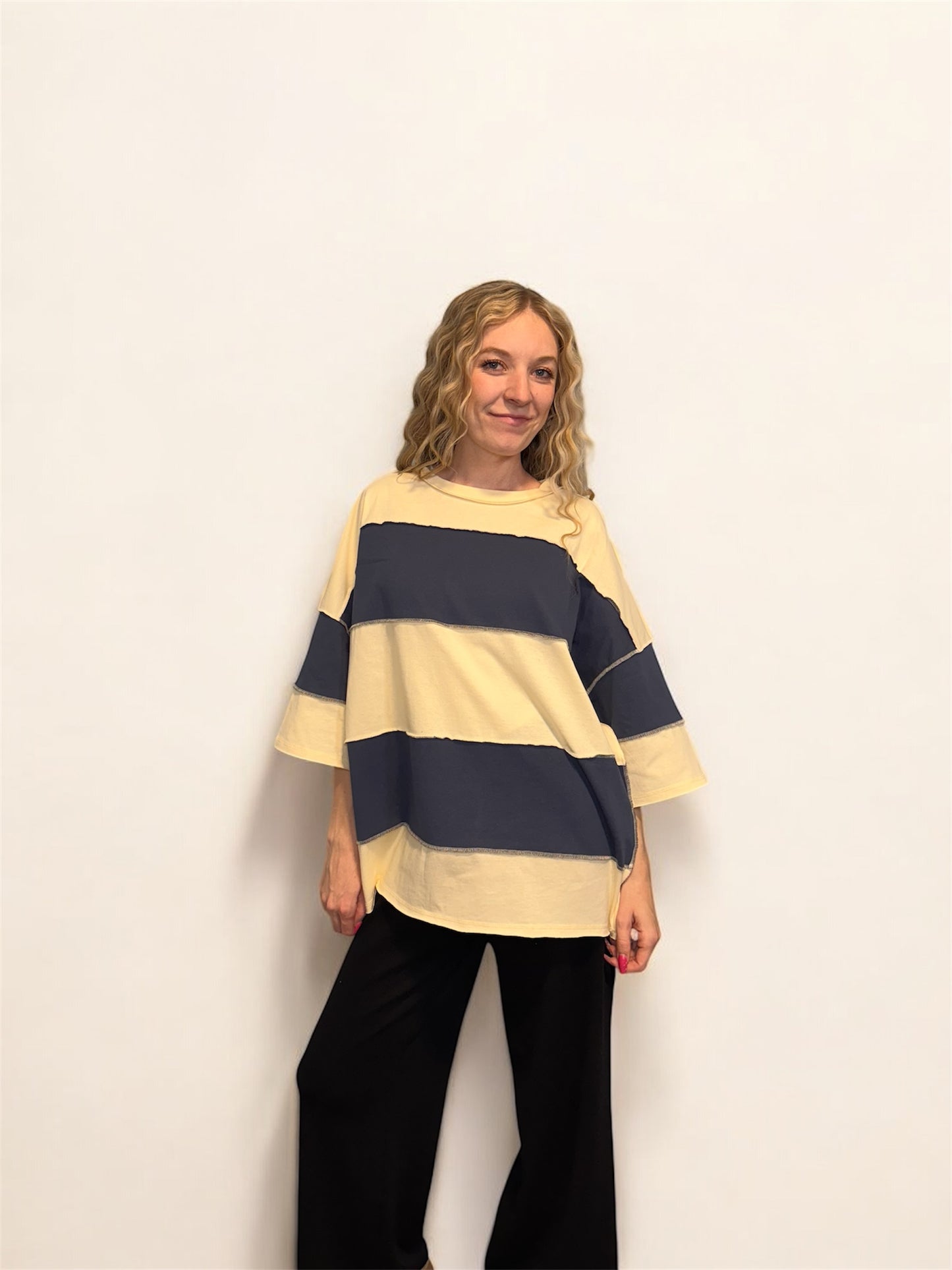 Oversized Cream/Navy Color Block T-Shirt