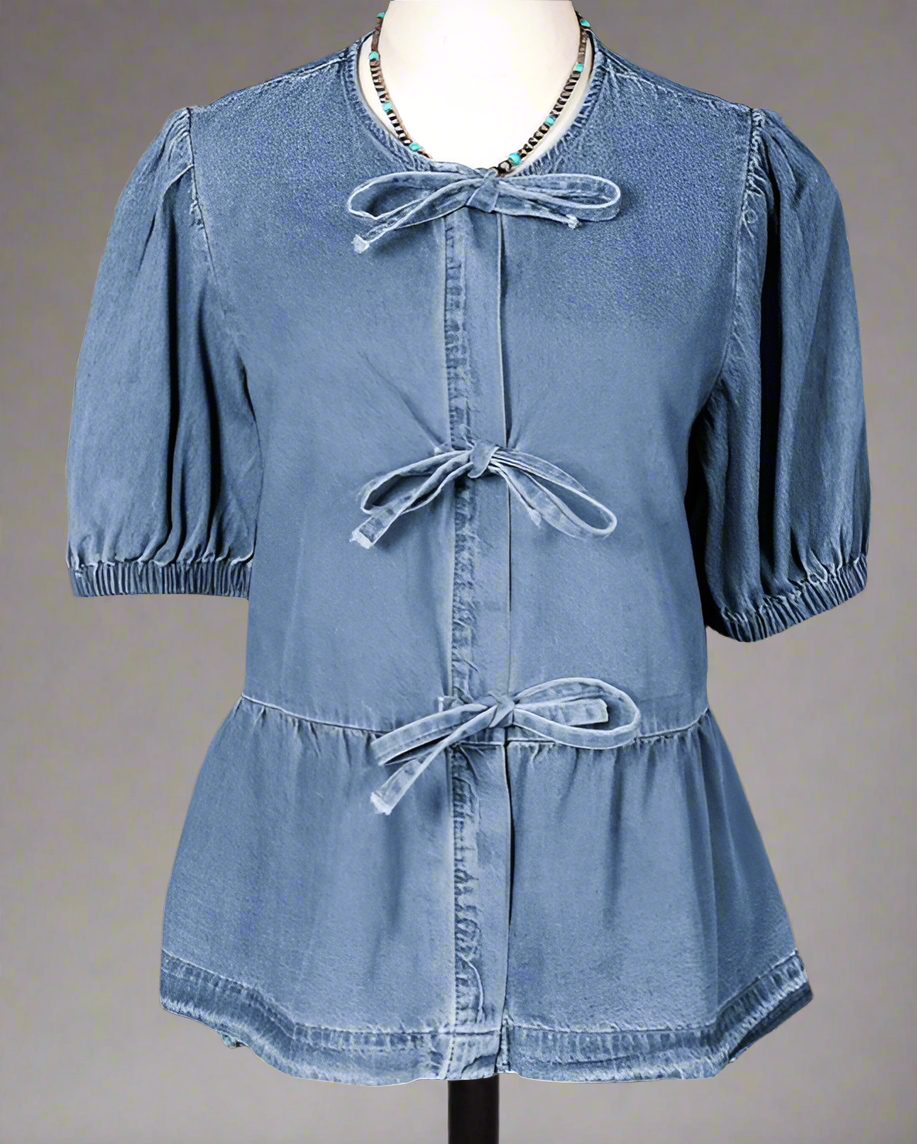 Tied Front Bubble Sleeve Peplum Denim Shirt