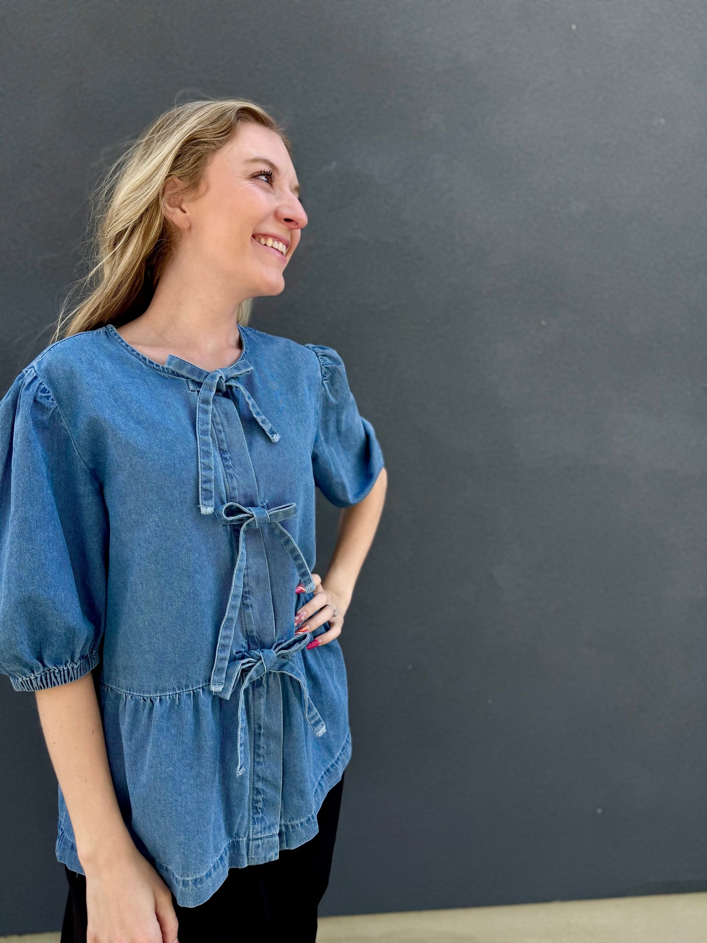 Tied Front Bubble Sleeve Peplum Denim Shirt