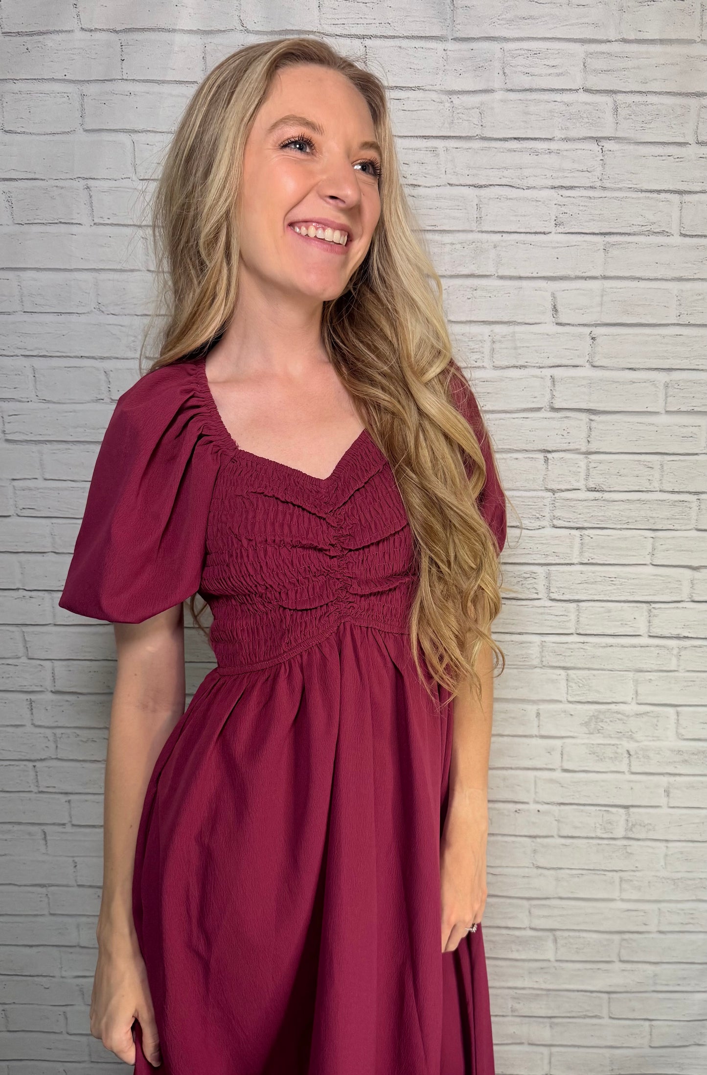 Smocked Cinched Bodice Midi Dress