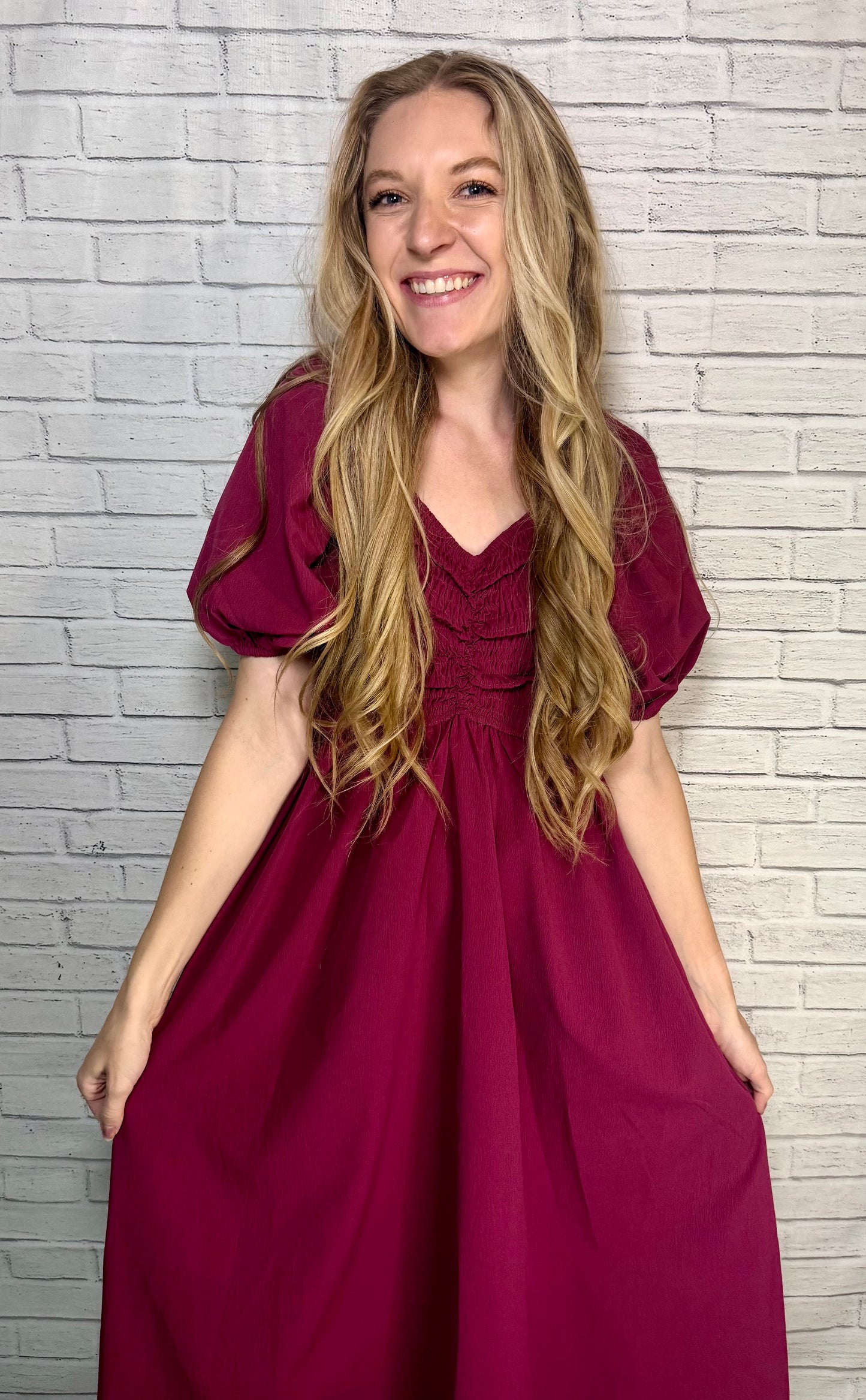 Smocked Cinched Bodice Midi Dress