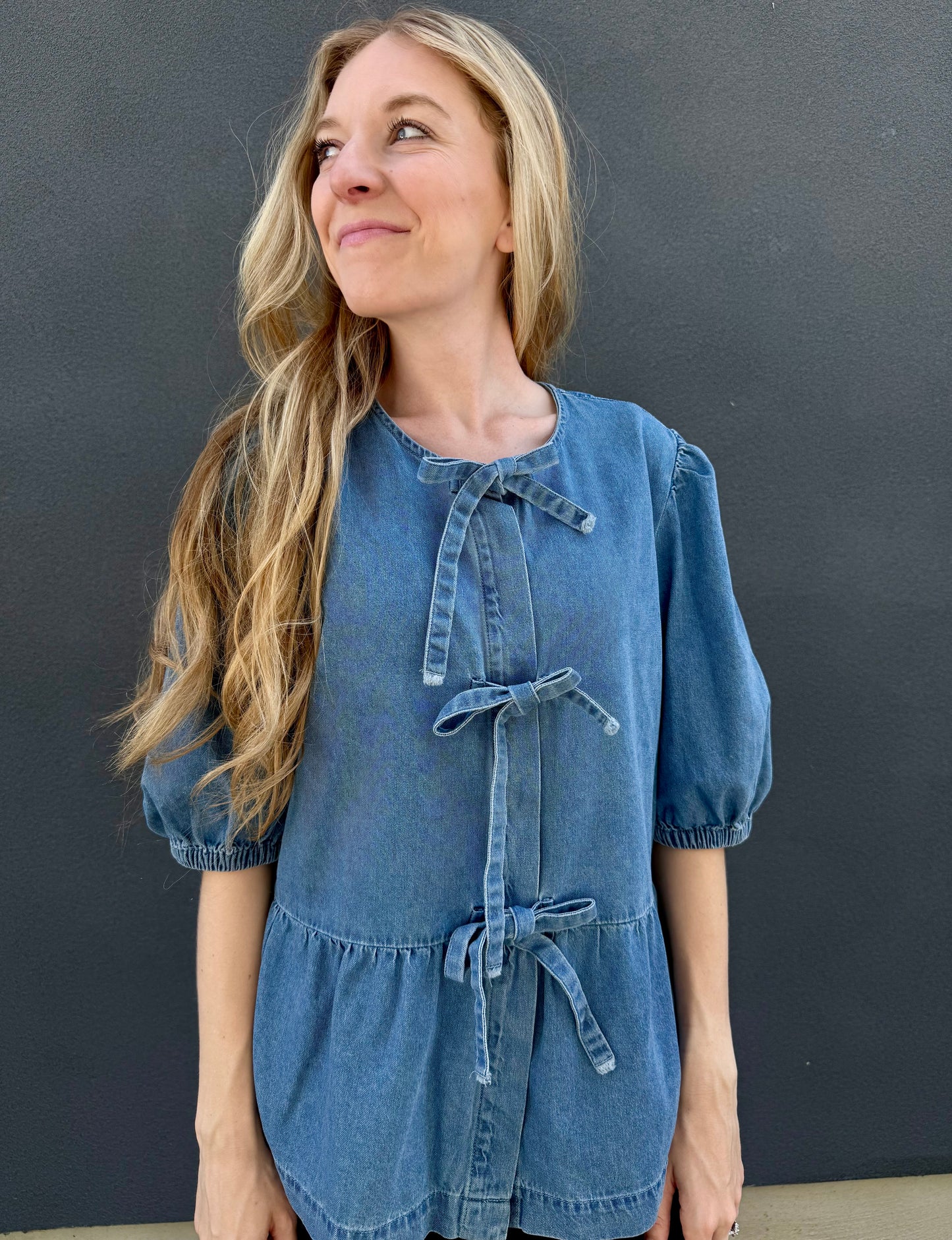 Tied Front Bubble Sleeve Peplum Denim Shirt