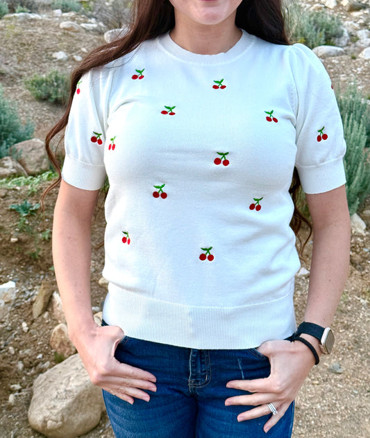 Cherry Embroidered Crew Neck Knitted Sweater