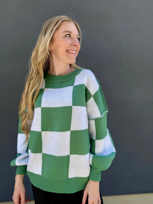 Checkered Green and White Sweater