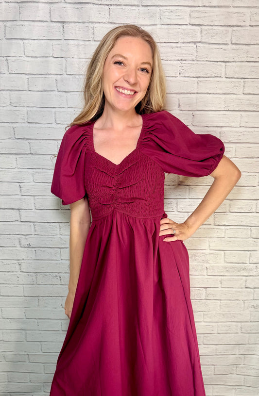 Smocked Cinched Bodice Midi Dress