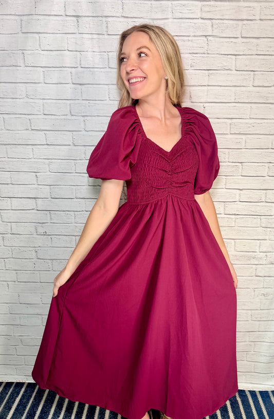 Smocked Cinched Bodice Midi Dress
