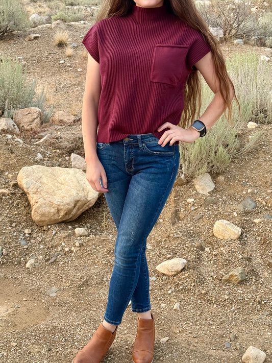 Patched Pocket Ribbed Short Sleeve Sweater