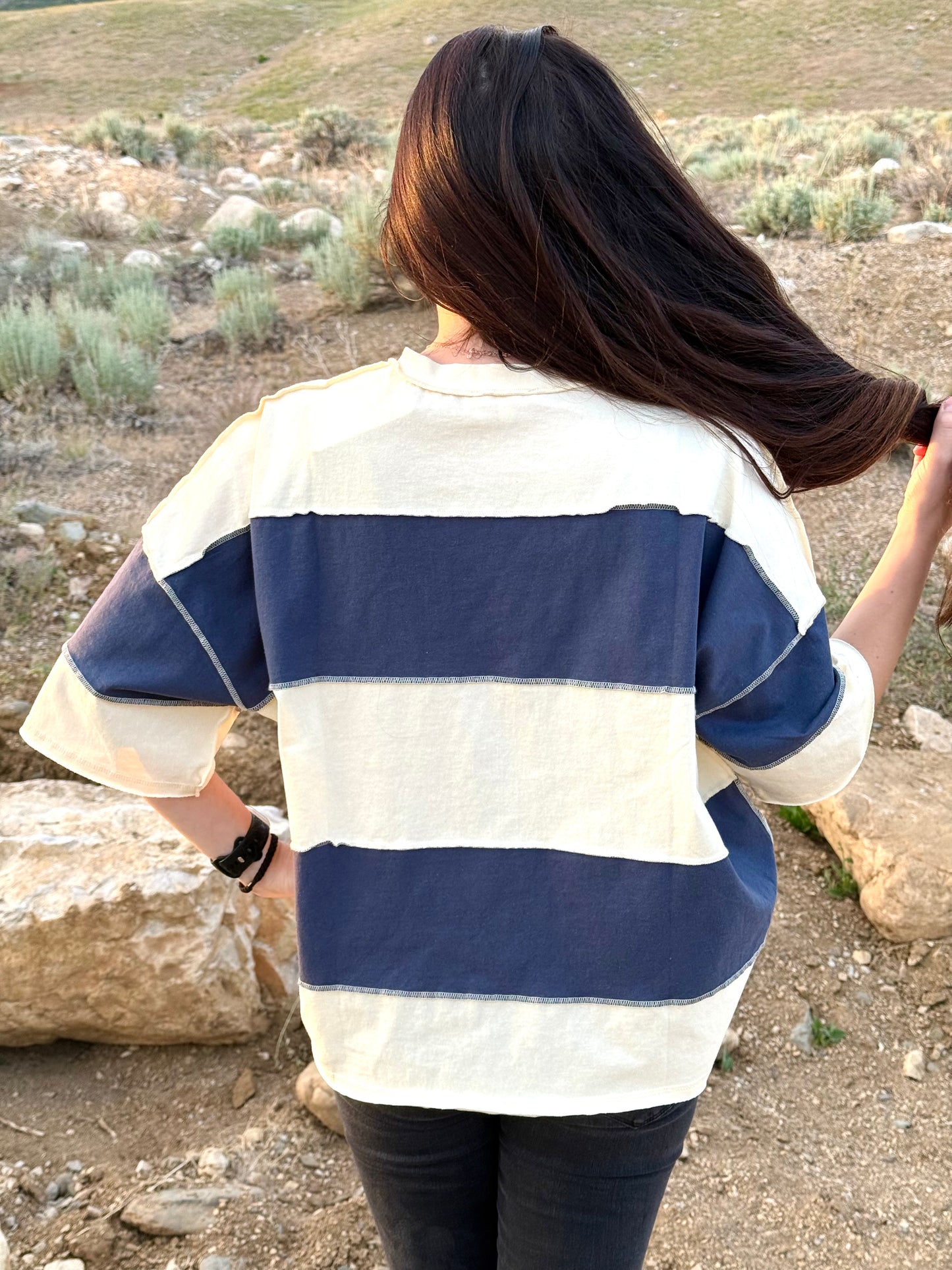 Oversized Cream/Navy Color Block T-Shirt