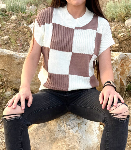 Checkered Colorblock Short Sleeve Sweater