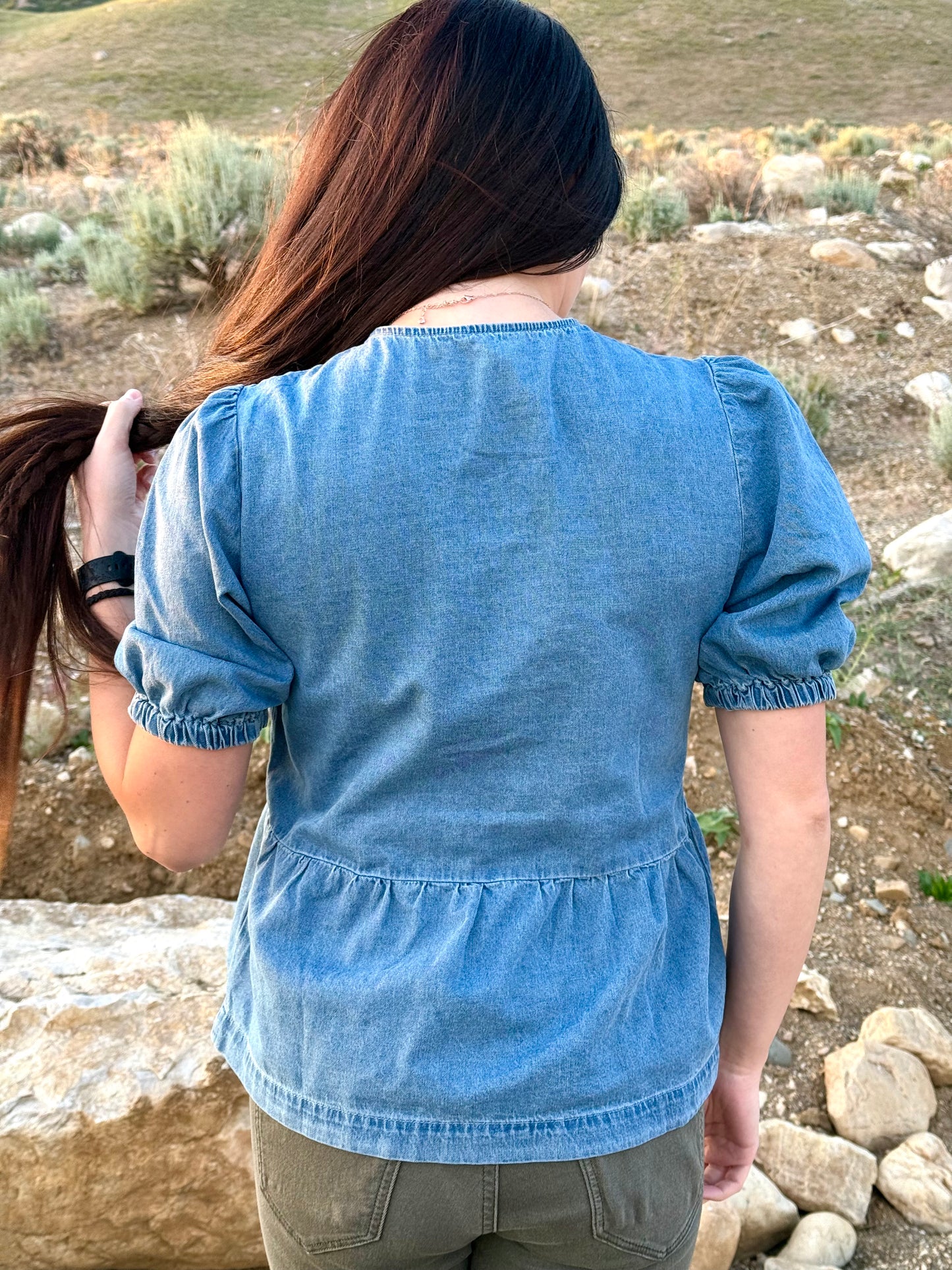 Tied Front Bubble Sleeve Peplum Denim Shirt
