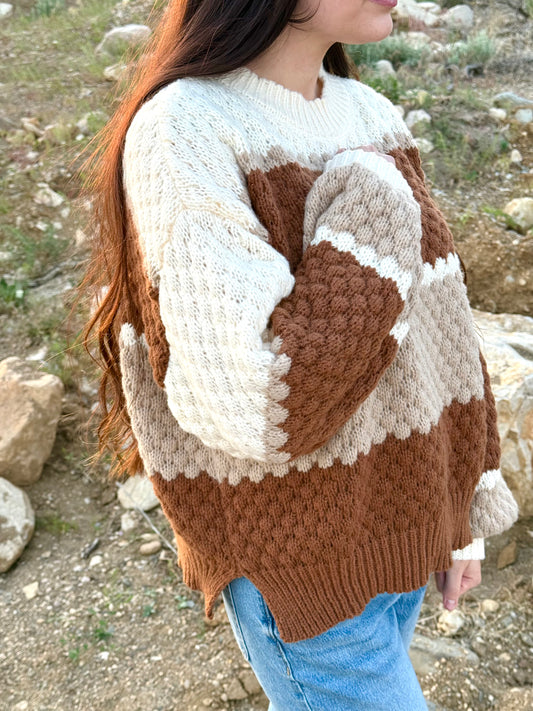 Neutral Color Block Striped Cable Knit Sweater