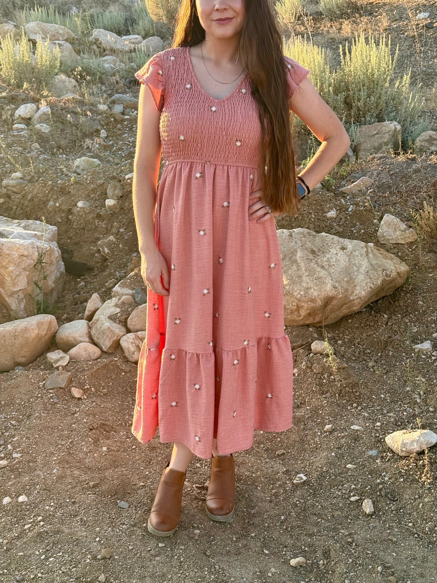Pink Embroidered Flower Dress