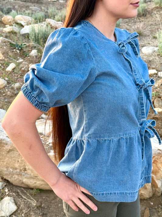 Tied Front Bubble Sleeve Peplum Denim Shirt
