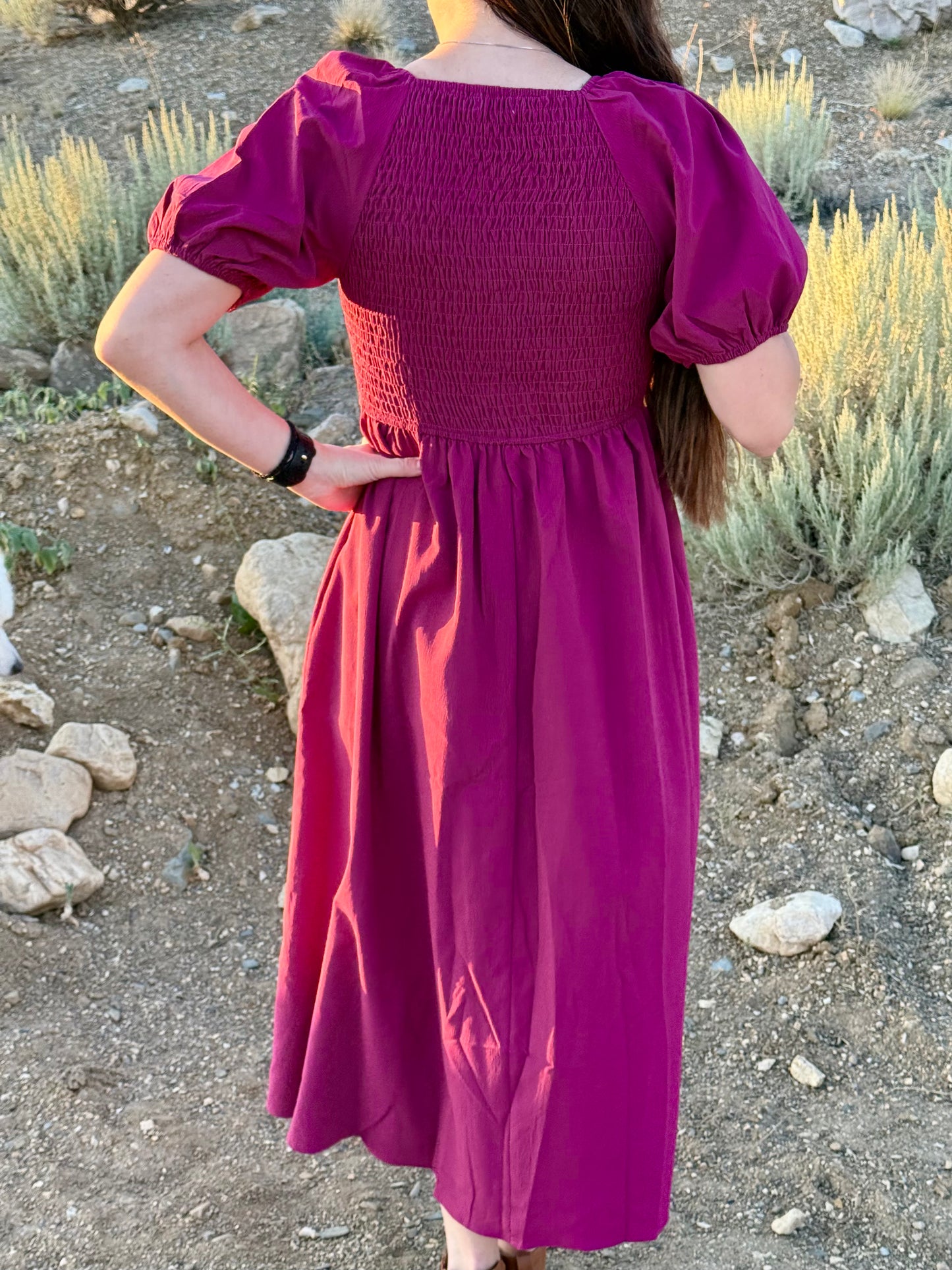 Smocked Cinched Bodice Midi Dress