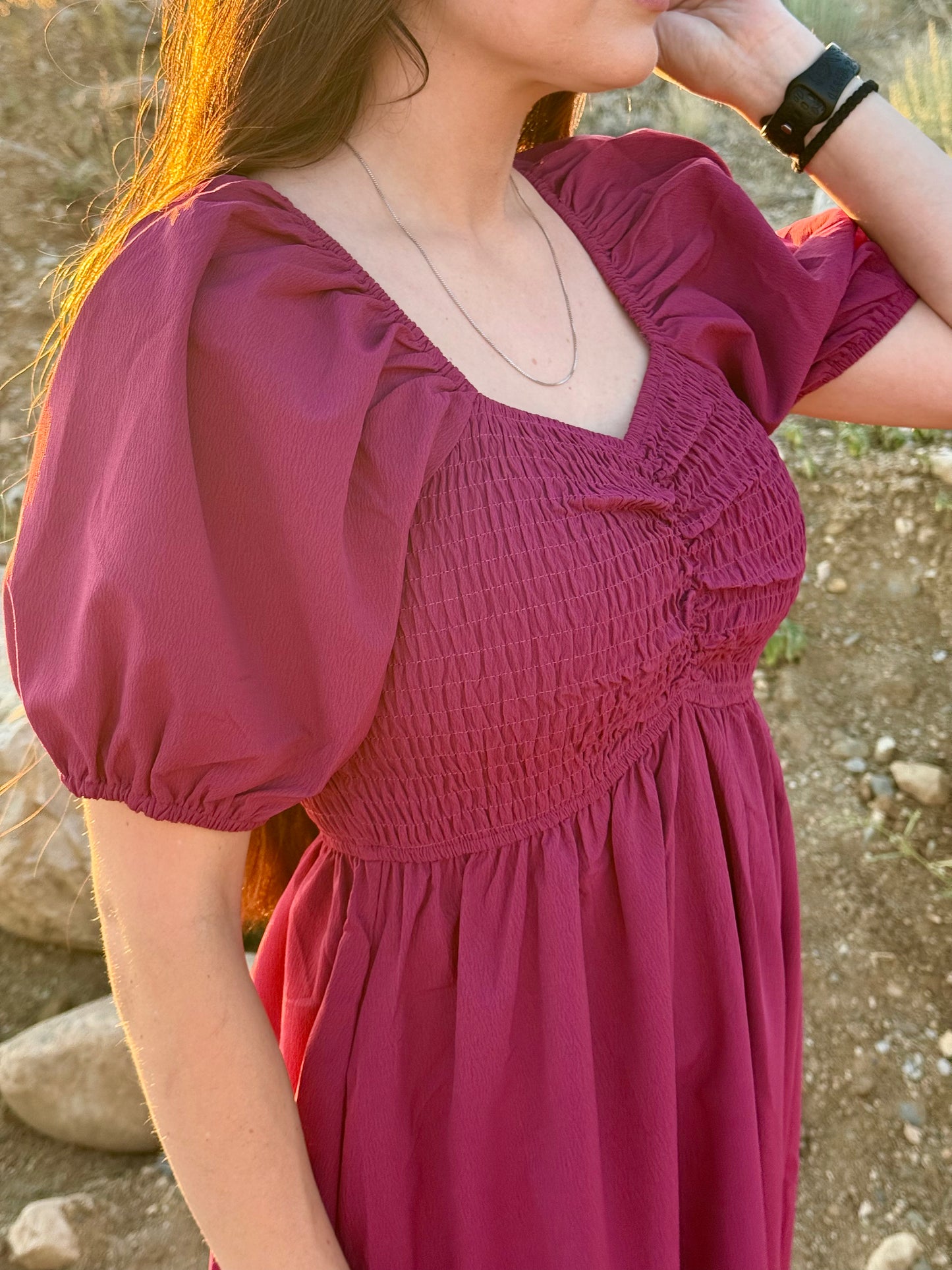 Smocked Cinched Bodice Midi Dress