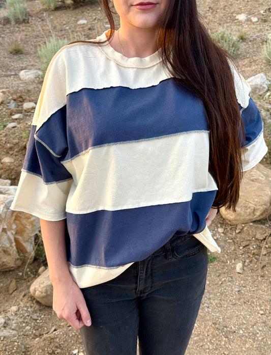 Oversized Cream/Navy Color Block T-Shirt