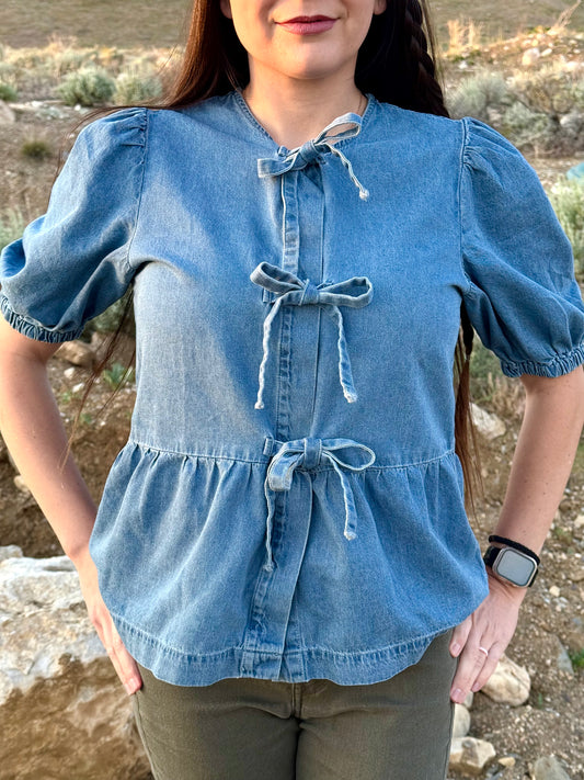 Tied Front Bubble Sleeve Peplum Denim Shirt