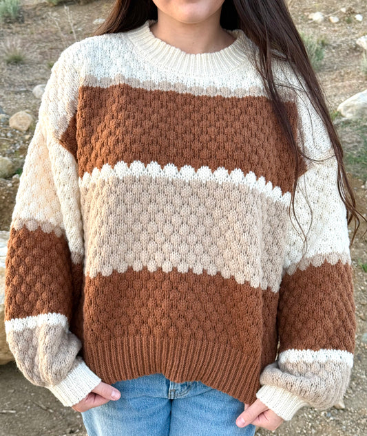 Neutral Color Block Striped Cable Knit Sweater
