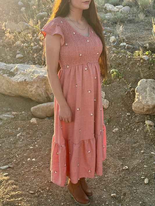 Pink Embroidered Flower Dress