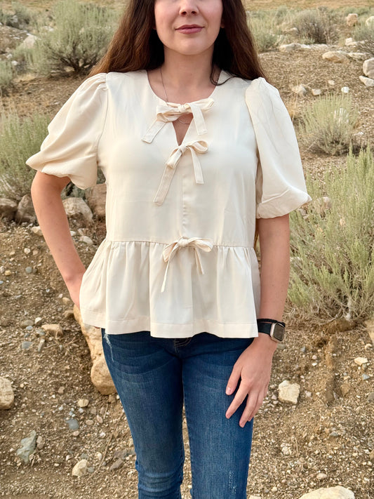 Ivory Satin Bow Blouse