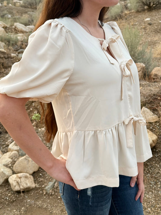Ivory Satin Bow Blouse